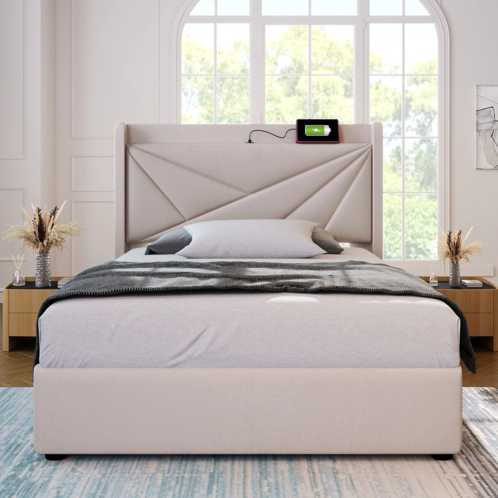 LETTO Contenitore 90x200 cm Beige in cotone e lino con USB Tipo C