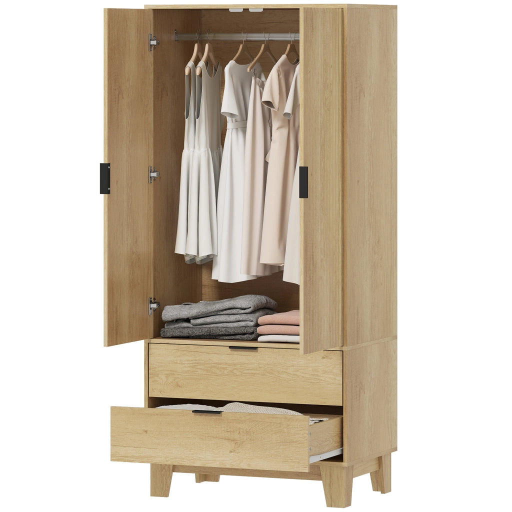 Armadio 2 ante scorrevoli ¨C Xylo ¨C 2 cassetti, barra appendiabiti, legno naturale, 80x50x180cm