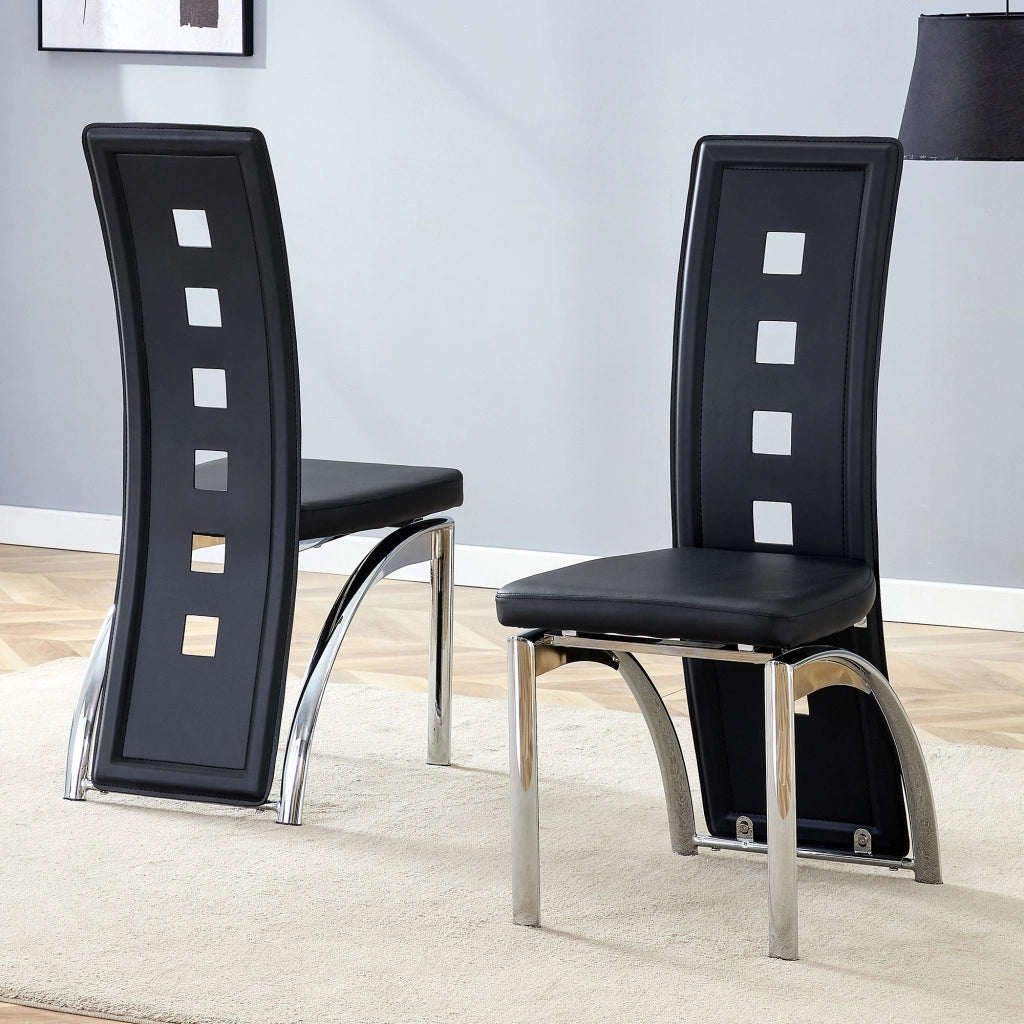 [Set di 2] Sedie da pranzo di design europeo con motivo traforato, in similpelle nera e gambe in metallo color argento, altezza 102,5 cm, ideali per s
