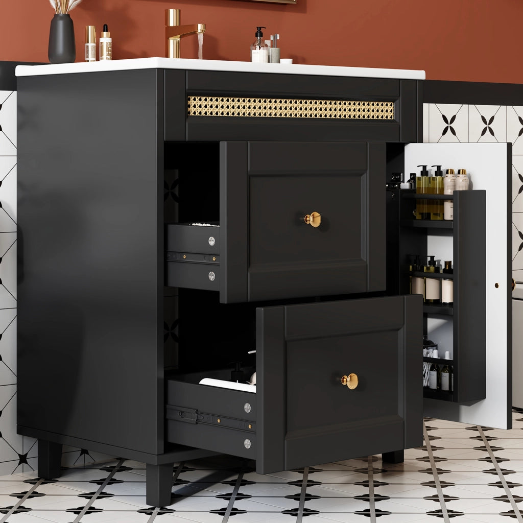 Mobile Sottolavabo da Bagno con Lavabo in Ceramica ¨C MINIMAL ¨C Nero, Cassetti, Ante, 76x46x87