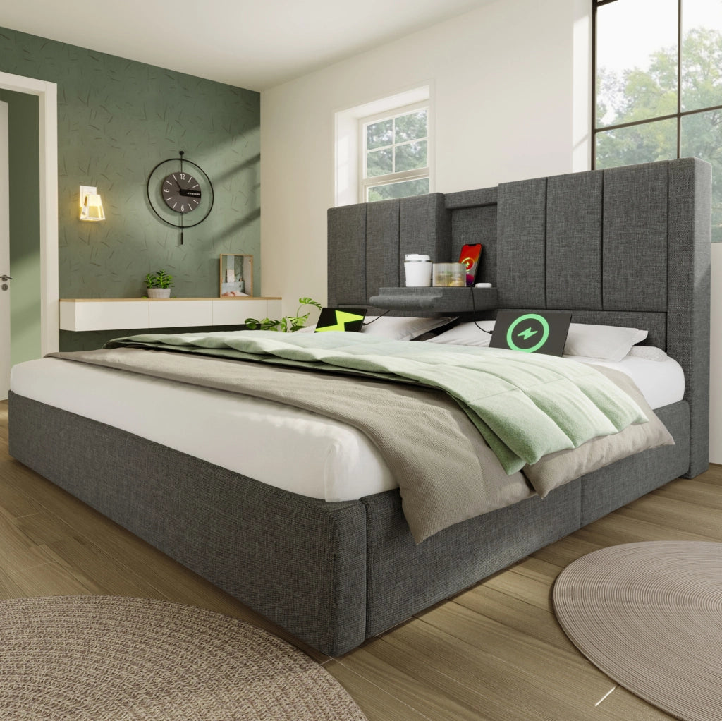 Letto matrimoniale 180x200 cm con contenitore, ricarica USB e portabicchieri integrati