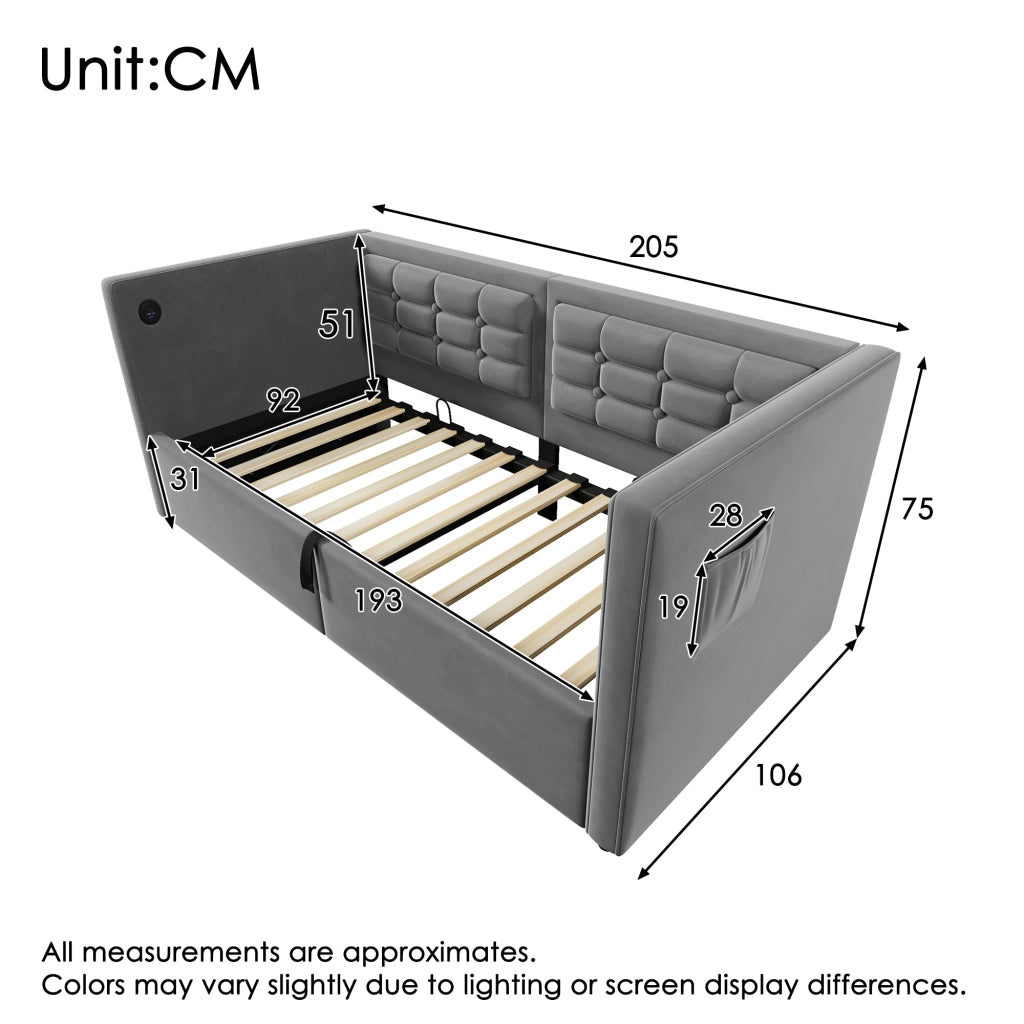 LETTO Divano 90x190 cm in velluto grigio con contenitore e USB Type-C