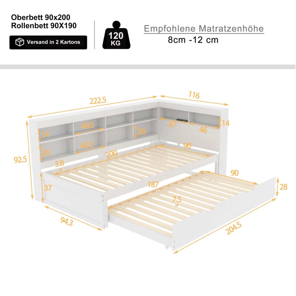 OKWISH Letto estraibile 90×200 cm, Letto Singolo con USB, vani contenitore e mensole, 90×190 cm, senza Materasso, in Legno, Bianco