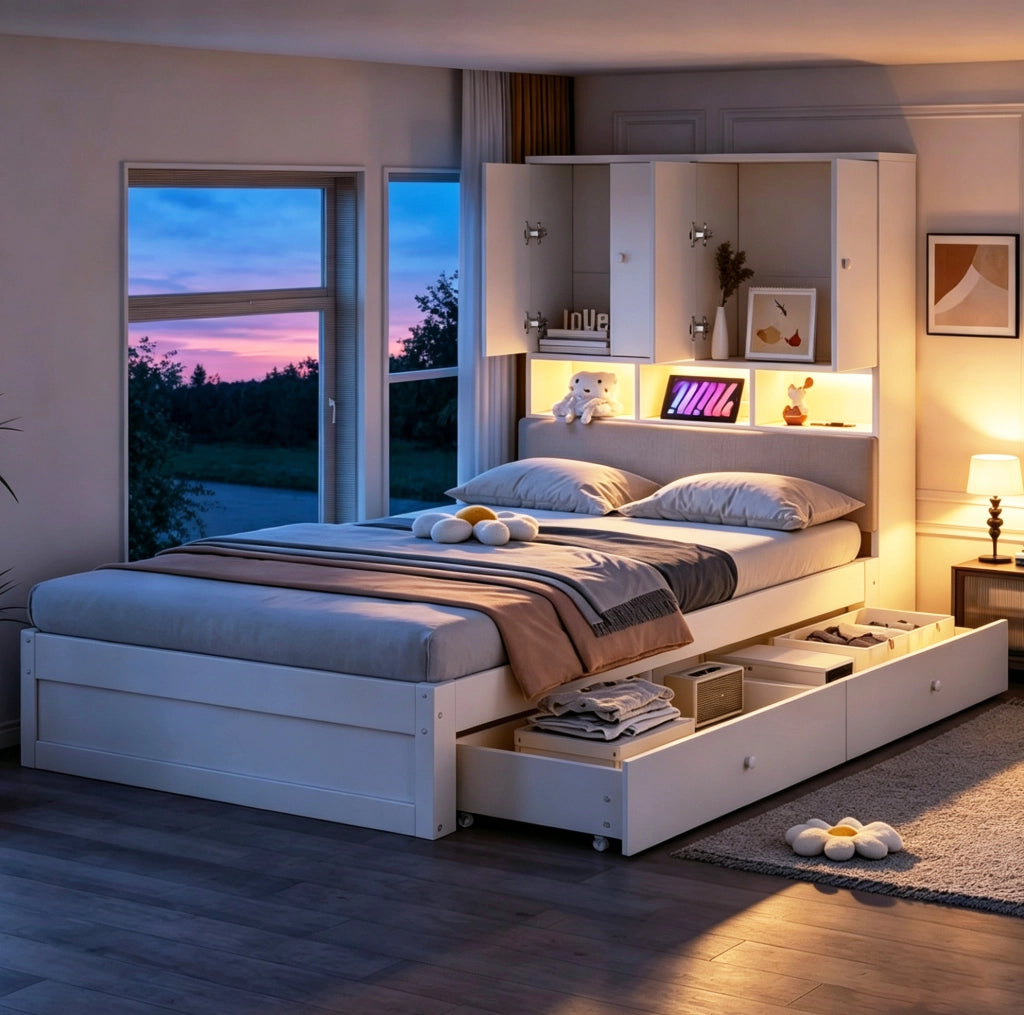 Letto singolo multifunzionale 90x200 cm con LED; presa; cassetti e testiera imbottita; bianco