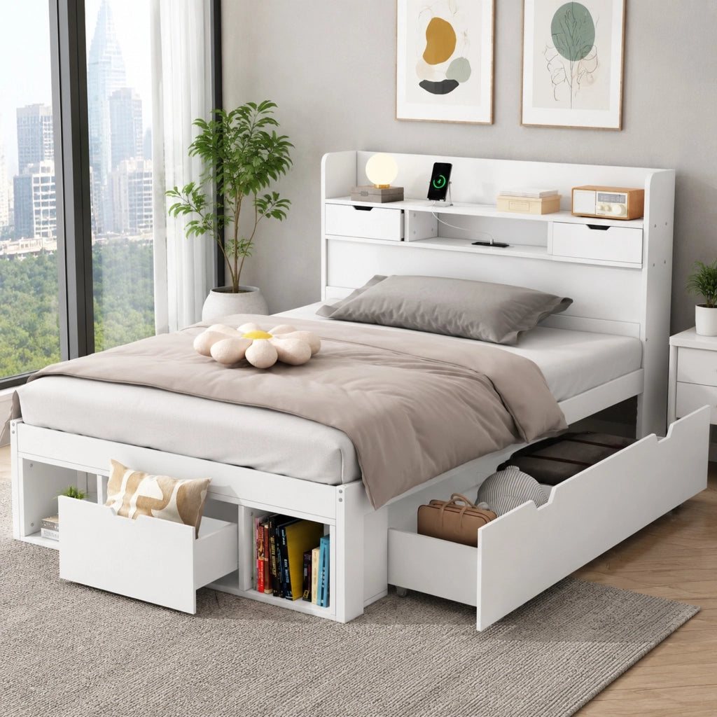 LETTO 90x200 cm Bianco con USB, Type-C, cassetti e vani contenitore