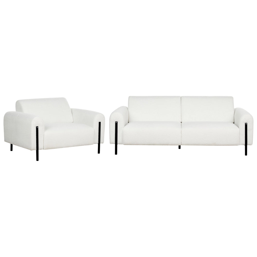 Set soggiorno divano 3 posti e poltrona imbottita in tessuto bouclè bianco con schienale regolabile stile elegante moderno