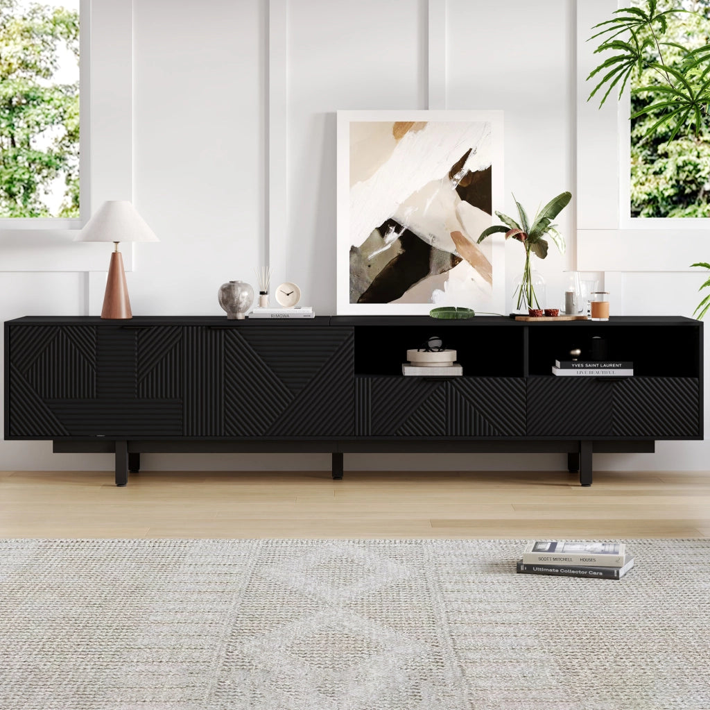 Mobile TV 200x40x51 cm con ante e ripiani aperti in truciolato nero