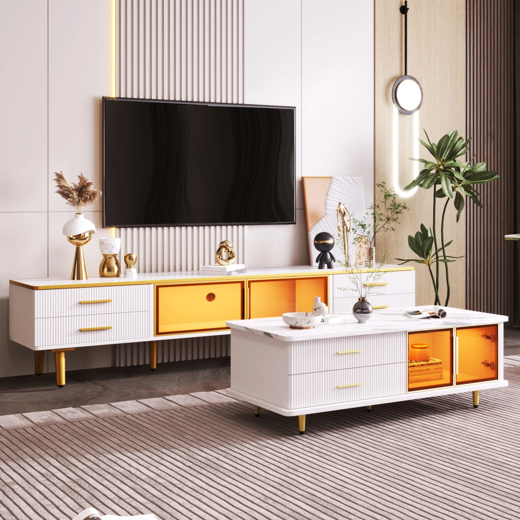 OKWISH Set 2 Pezzi Mobile TV e Tavolino da Salotto, con LED, Cassetti e Ante, Pannello di Particelle Bianco