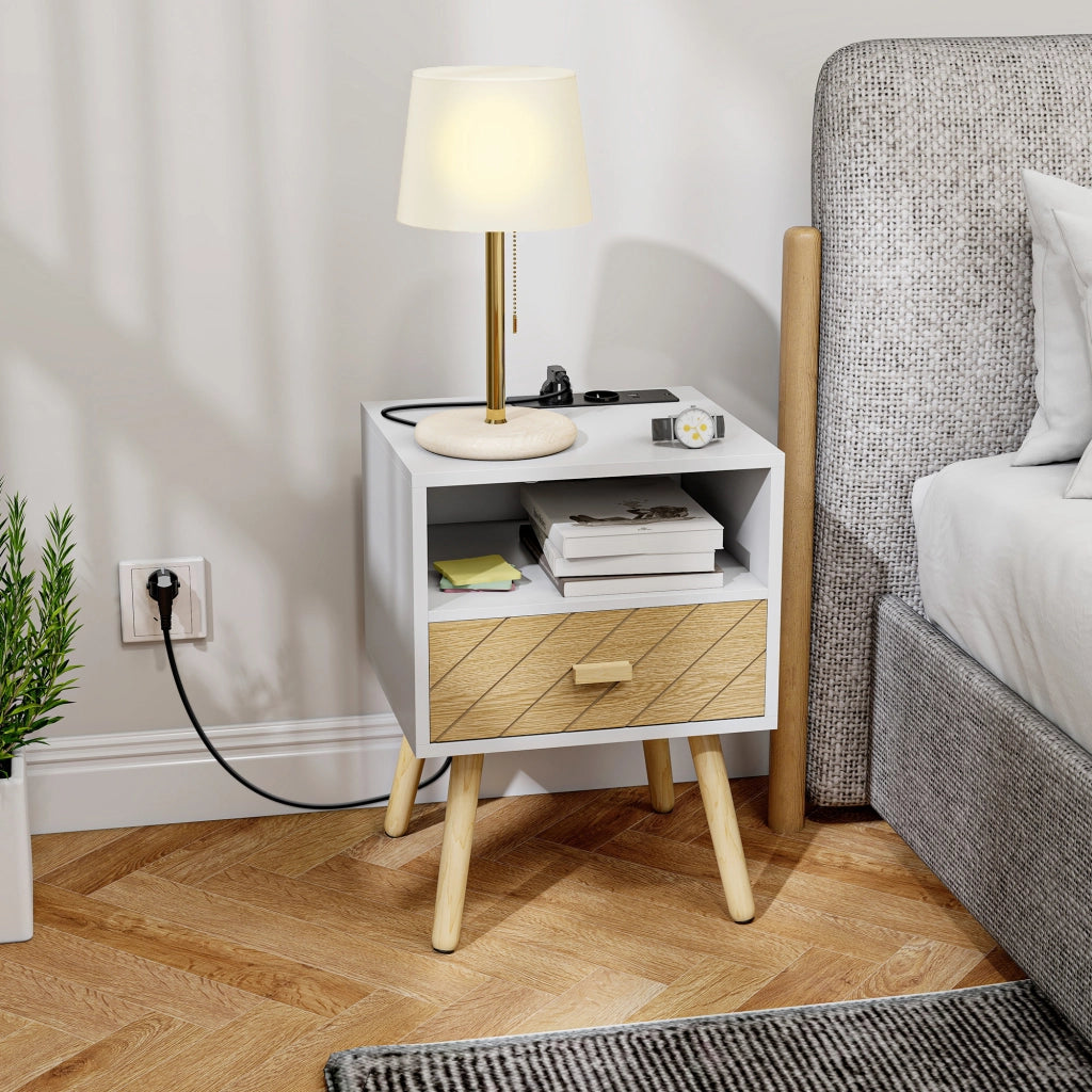 Comodino con Stazione di Ricaricare ¨C zephmum ¨C 2 Prese AC, USB, Tipo-C, Bianco