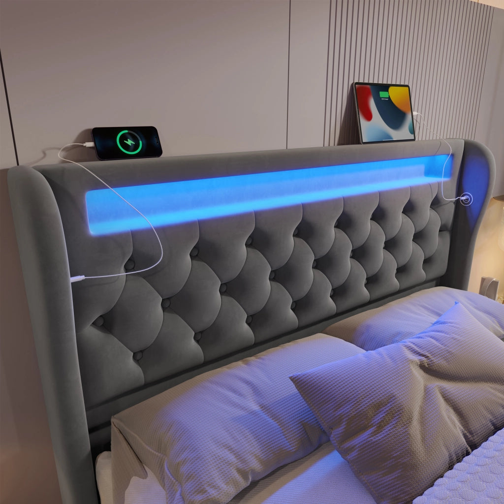 DESMIU Letto contenitore 140 × 200 cm 2 posti con LED, USB e Type C, senza materasso, in velluto, grigio