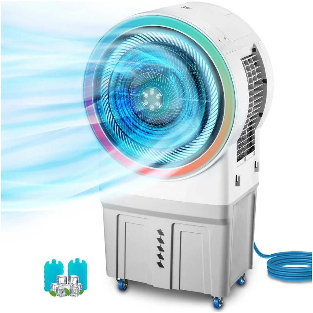 Ventilatore Raffrescatore d’Aria Evaporativo 150W – Tanica 50L con Collegamento Diretto Acqua, LED RGB, Timer e Telecomando, Ideale per Capannoni, Ristoranti, Eventi