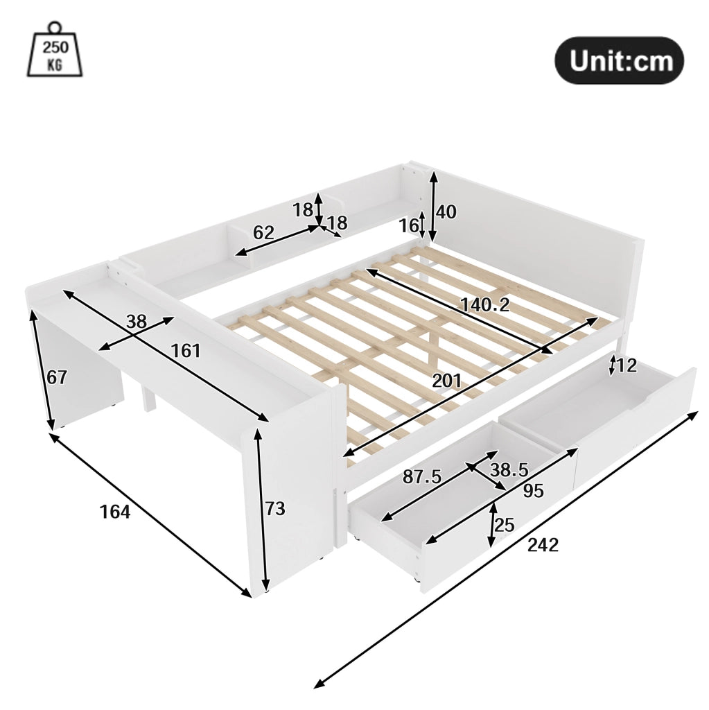 Letto multifunzione 140x200 cm con scrivania, ripiani e 2 cassetti