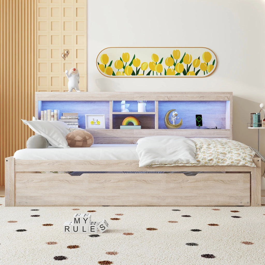 DIVANO LETTO Estraibile 90x200 cm Natur con prese USB e luce ambientale