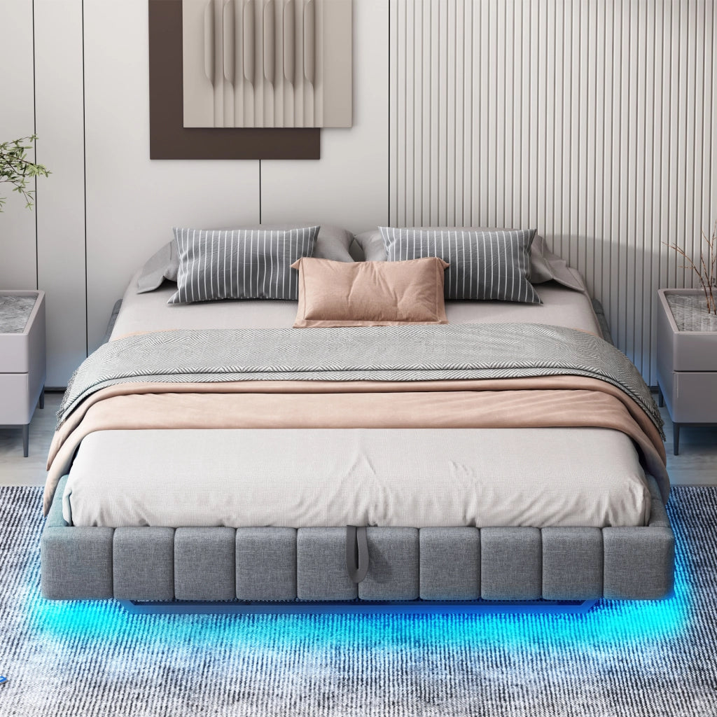 Letto matrimoniale imbottito fluttuante senza testiera; LED e contenitore a gas; lino grigio; 180x200 cm; senza materasso
