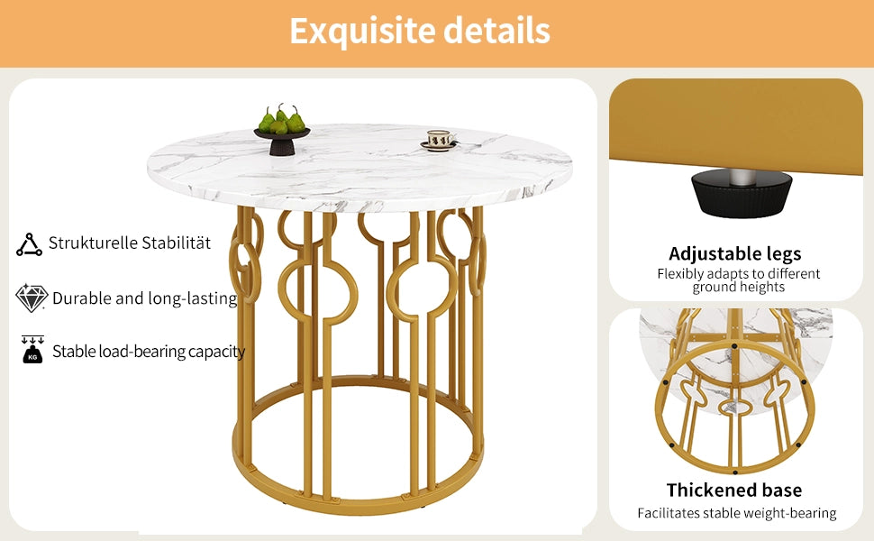 Tavolo da pranzo rotondo 100x100x76 cm in MDF e metallo, colore oro e bianco