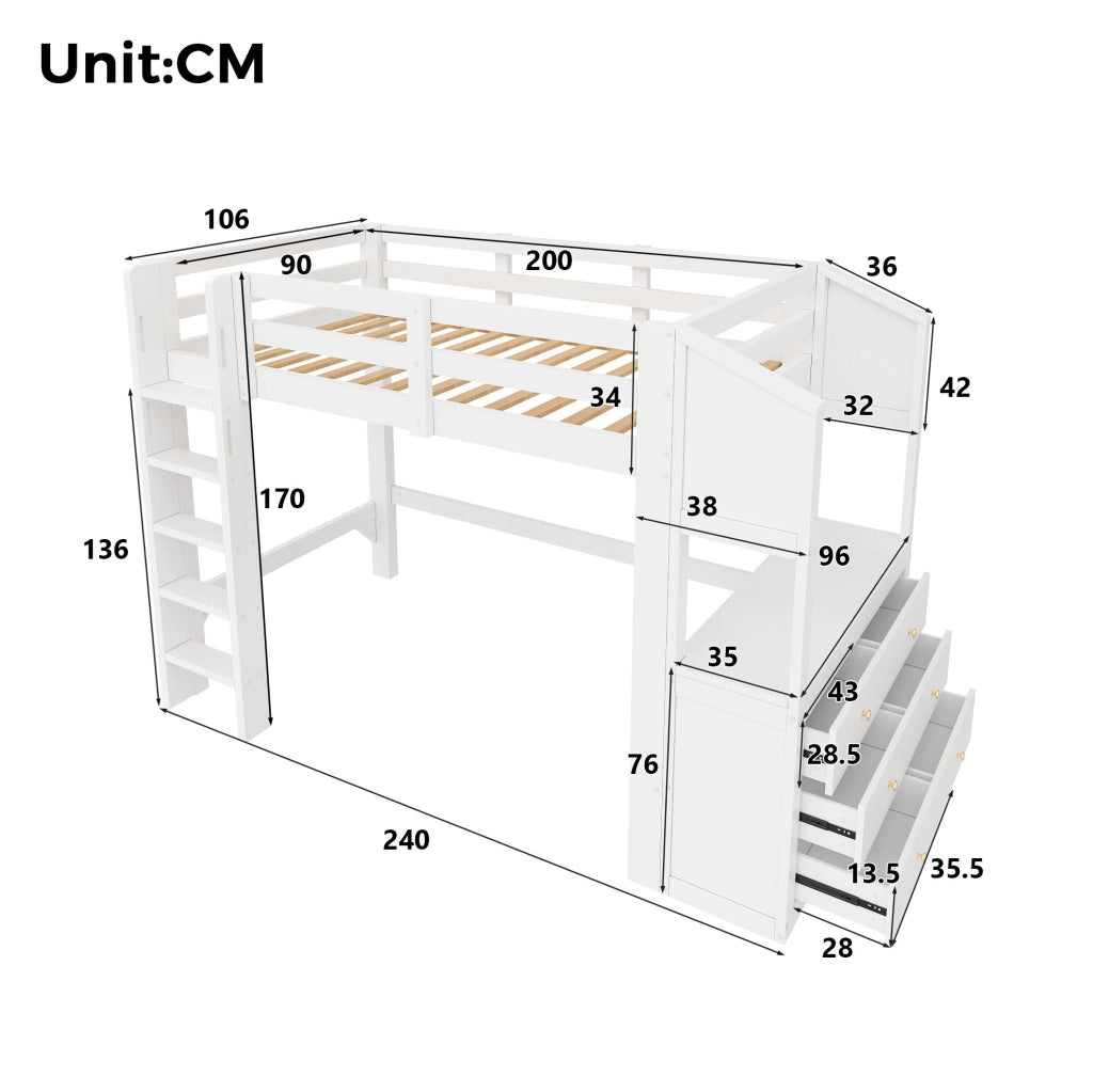 Letto a soppalco 90x200 cm con 3 cassetti; ripiani e luce LED; bianco in legno massello e MDF