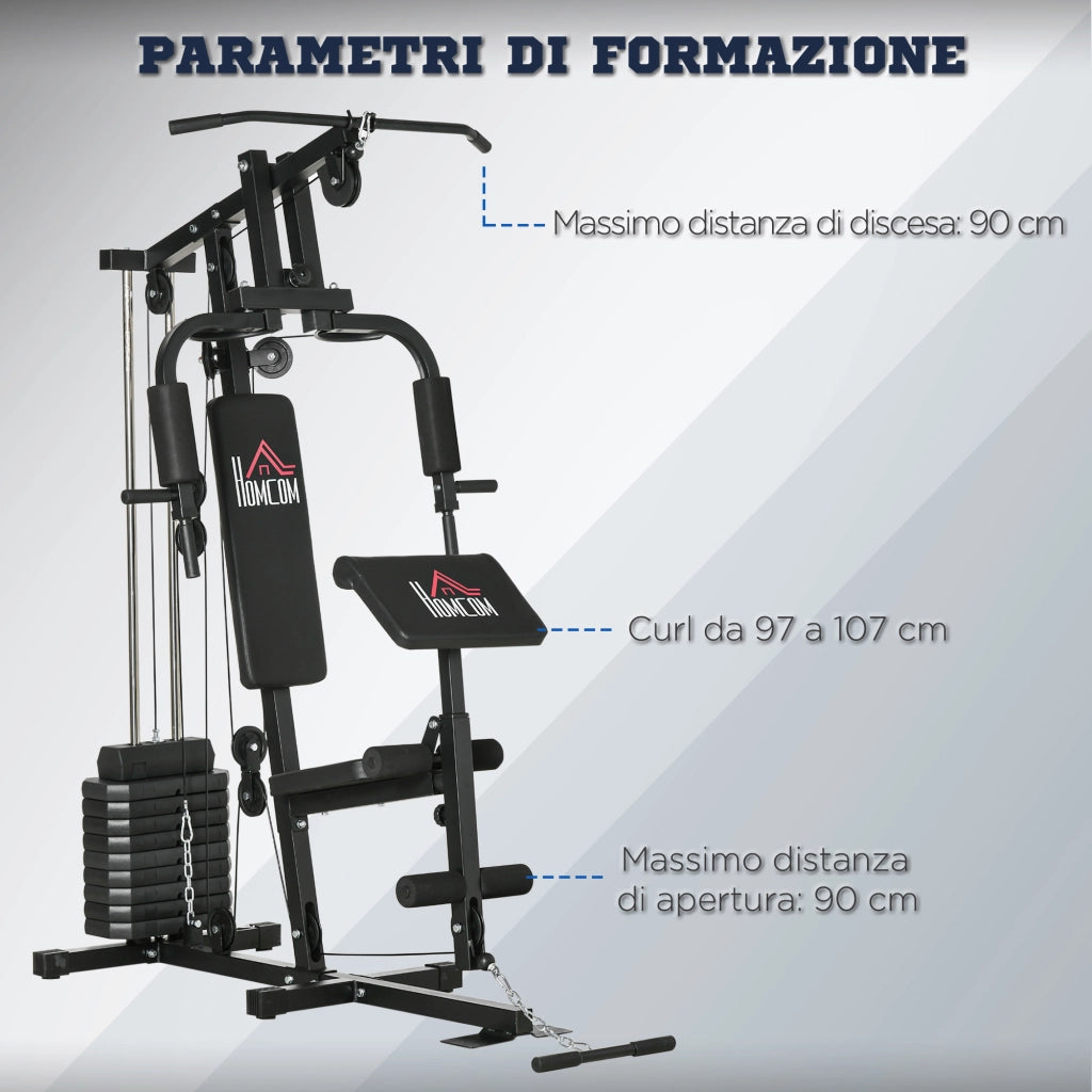EasyComfort Stazione Fitness Multifunzione Power Tower con Pesi fino 45kg e Panca Imbottita, 135x103x210cm