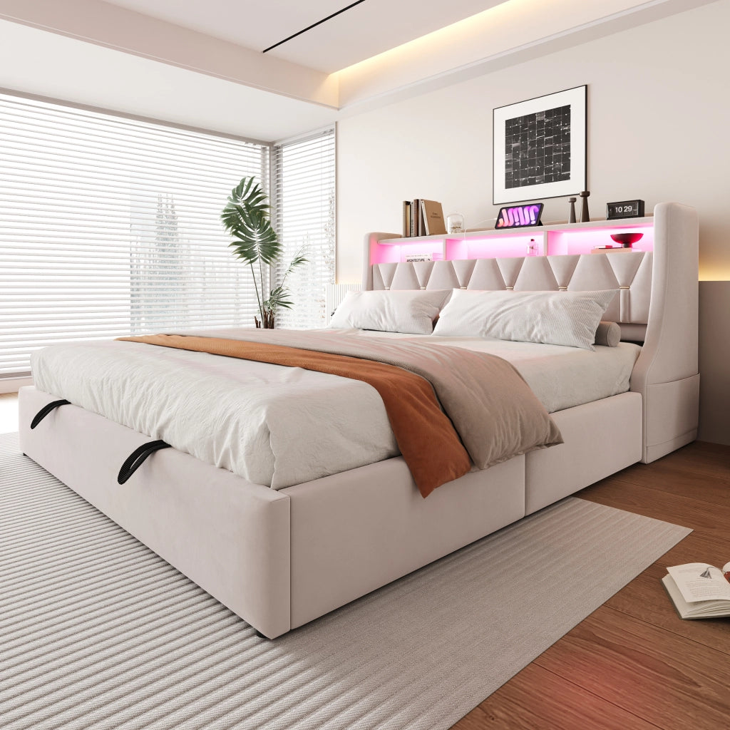 Letto matrimoniale contenitore 180x200 cm con testiera ribaltabile; prese; LED e piedi maggiorati; velluto beige