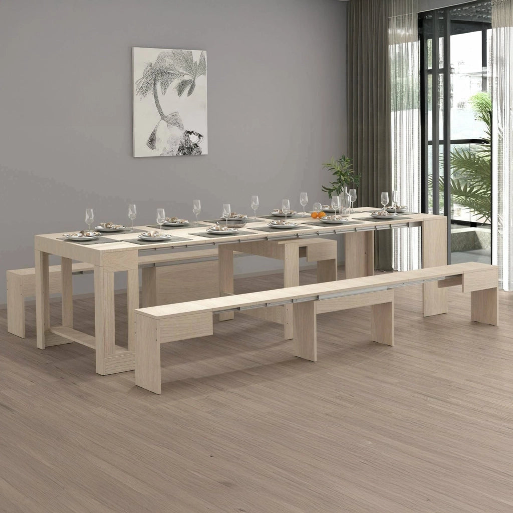 Set tavolo e sedie Auditore, Composizione multiuso, Set con consolle e 2 panche allungabili, 100% Made in Italy, 66x25h45 cm, Olmo