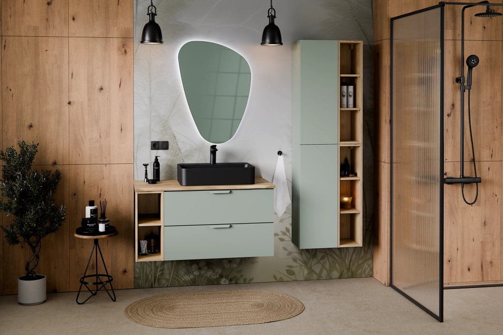 Set mobili bagno 80 cm con piano e lavabo da appoggio Lena Aster Green 80 cm
