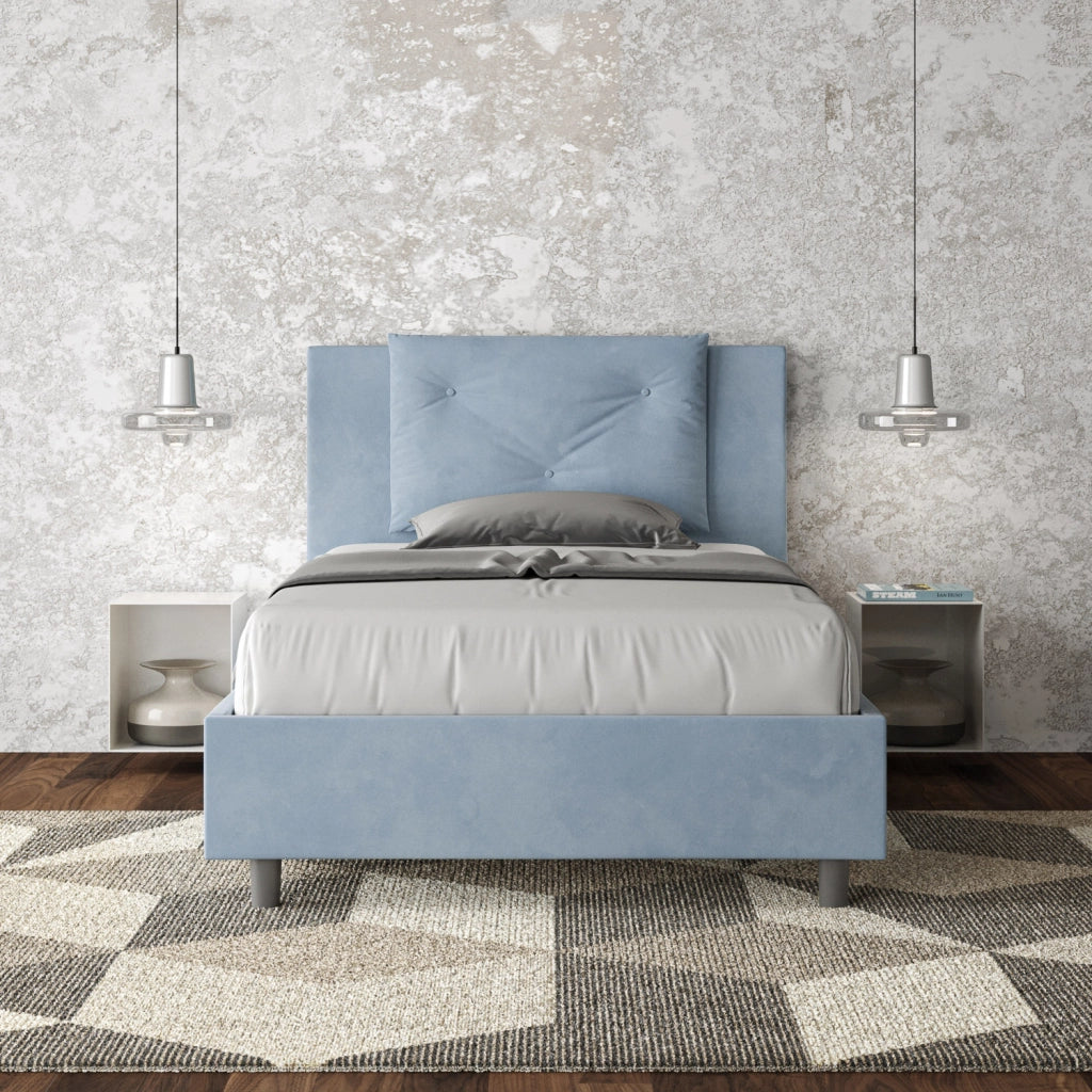 BS COM Letto una piazza e mezza senza rete imbottito 110x200 microfibra azzurro