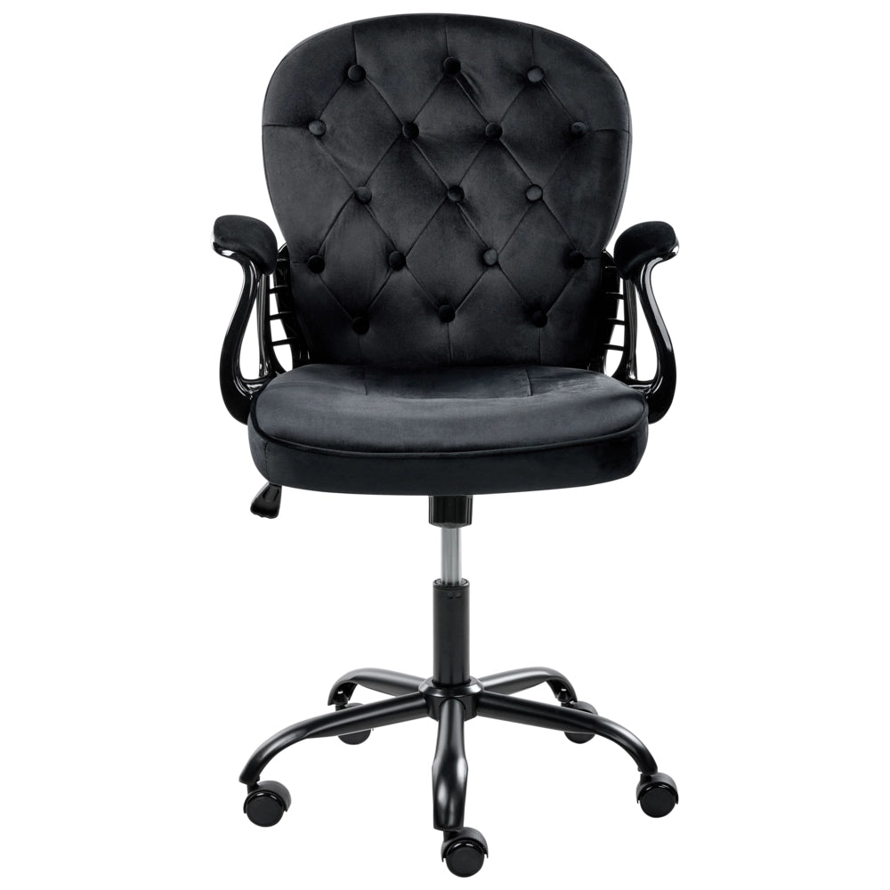Sedia da ufficio in velluto nero con altezza regolabile e schienale trapuntato stile retrò moderno