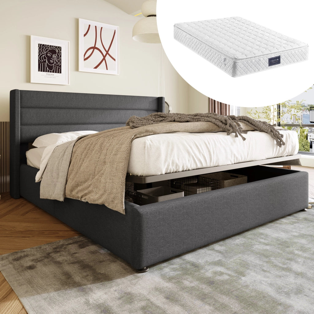 Letto imbottito 140x200 con contenitore, rete sollevabile e design moderno
