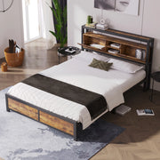 DESMIU Letto matrimoniale 140 × 200 cm con testiera portaoggetti, struttura in metallo e legno, senza materasso, naturale