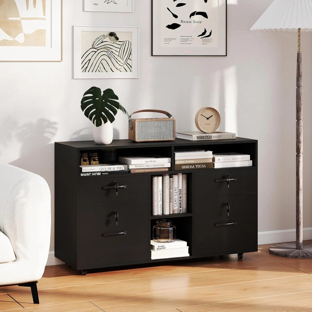 Armadietto Portadocumenti, Mobile da Ufficio Laterale con 4 Cassetti Adatto per File Formato A4/Lettera e 5 Ruote Universali Bloccabili, Credenza in Metallo per Scrivania (Nero)