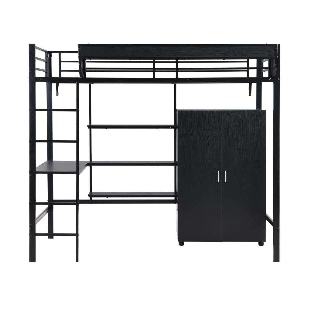 Letto a castello in metallo e legno nero 90x200 cm con tavolo, armadio e scala a 5 gradini