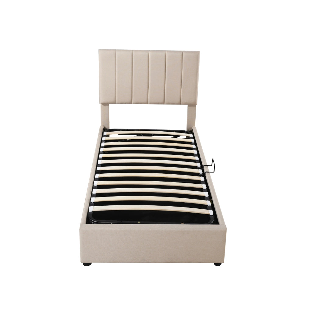 Letto Contenitore Imbottito Singolo ¨C MINIMAL ¨C 90x200, Tessuto Beige, Idraulico