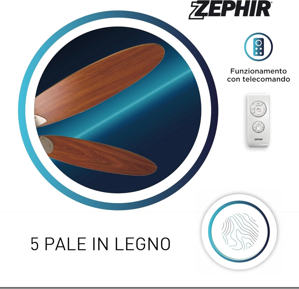 ZEPHIR Ventilatore da Soffitto con Telecomando e Luce E27 130 cm 5 Pale in Legno Marrone Reversibile con Timer 1-8h 3 Velocità 70W