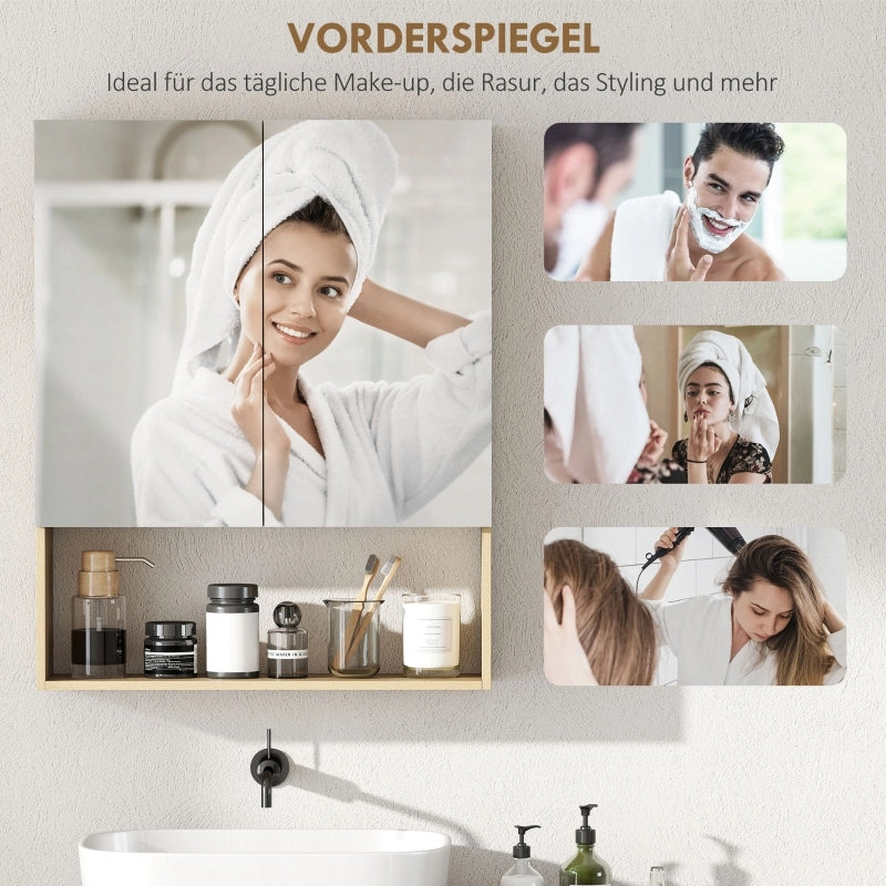 Mobile da bagno, ante a specchio, ripiano aperto, montaggio a parete, MDF, truciolato, rovere