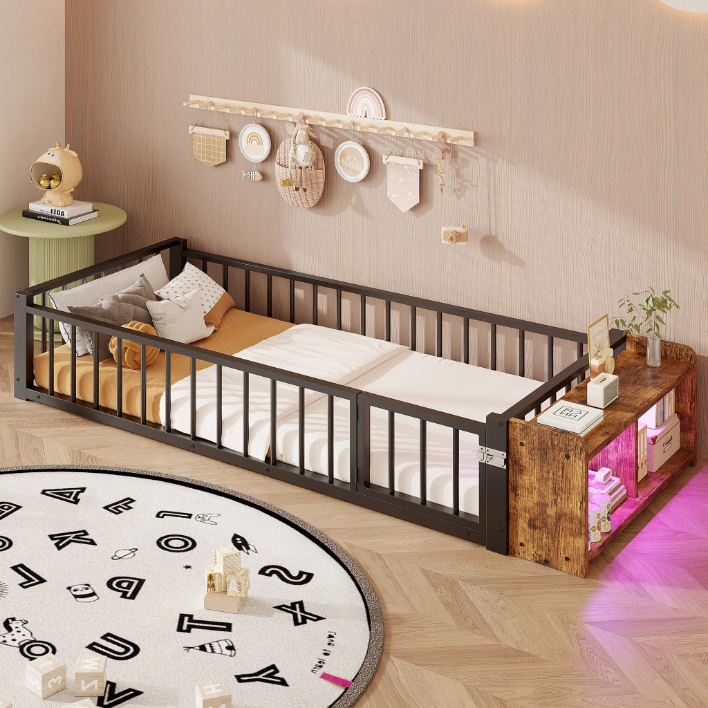 Letto singolo bambini 90x200 cm in metallo e MDF con sponda sicurezza, vano portaoggetti e LED, senza materasso