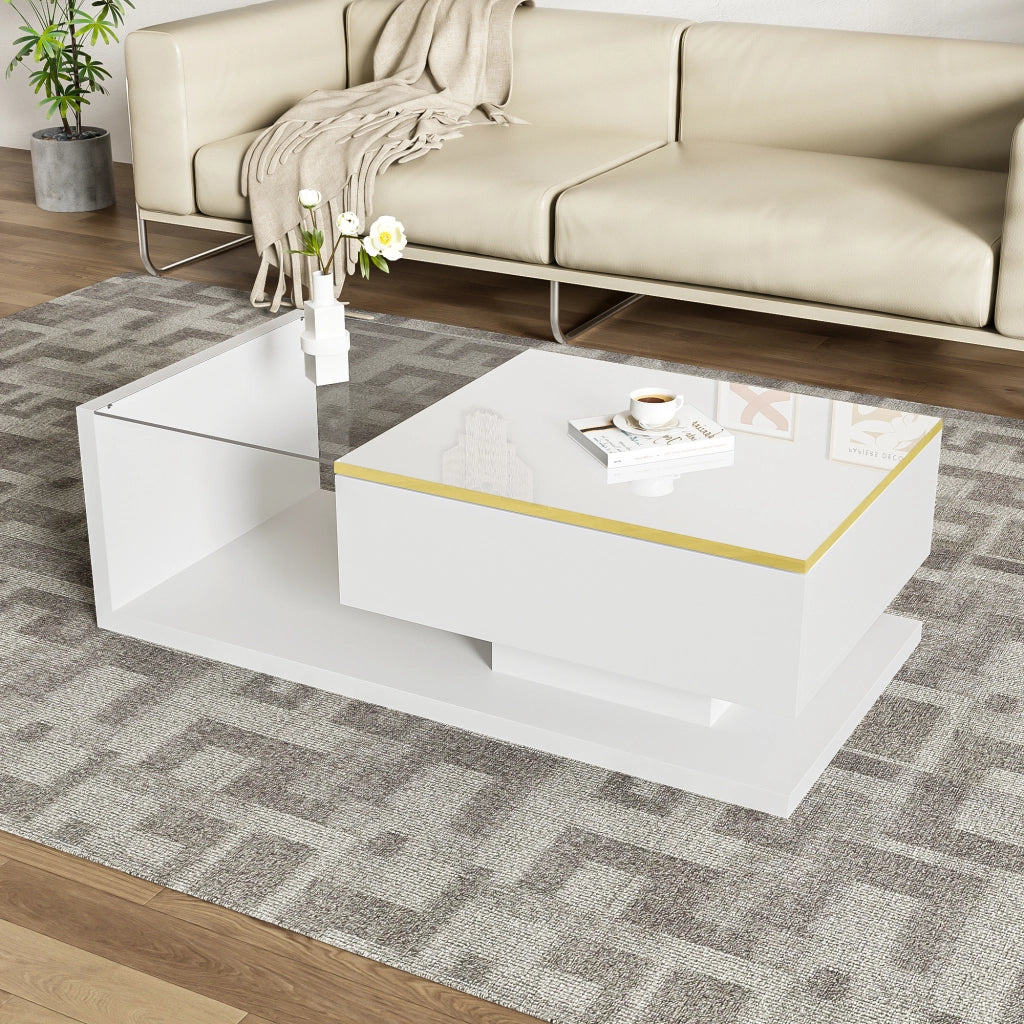 Tavolino da salotto 100 cm - Zephmum - Bianco lucido con vetro ed effetto LED