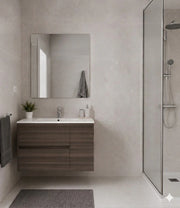 Mobile Bagno HEIMDALL Già Montato 2 cassetti e porta, lavabo e specchio Frassino tea 90x45 cm
