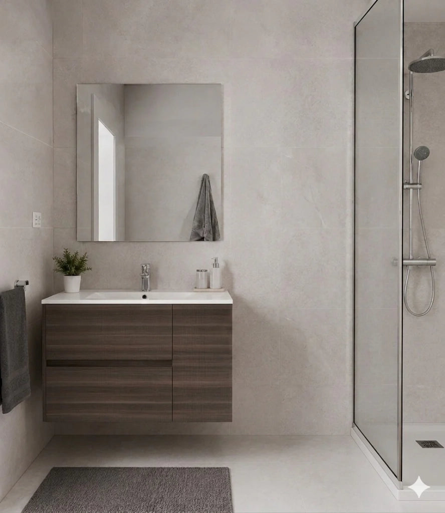 Mobile Bagno HEIMDALL Già Montato 2 cassetti e porta, lavabo e specchio Frassino tea 90x45 cm