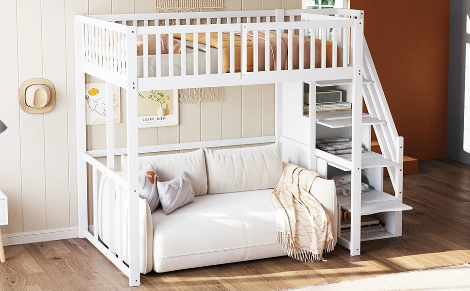 Letto a soppalco in pino massello con scala contenitore di sicurezza e recinzione; bianco; 140x200 cm; senza materasso