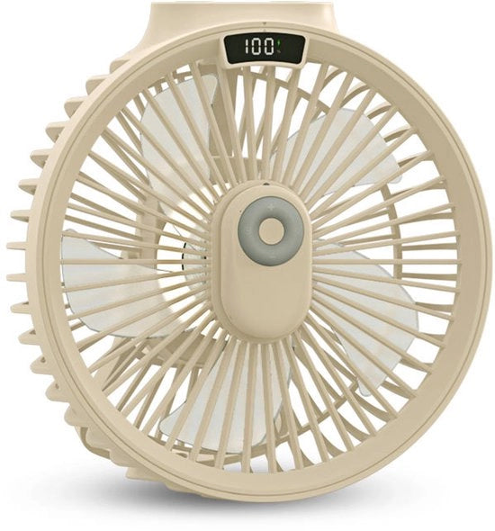 Ventilatore da soffitto multifunzionale in beige, alimentato da USB, adatto per esterno e per camper