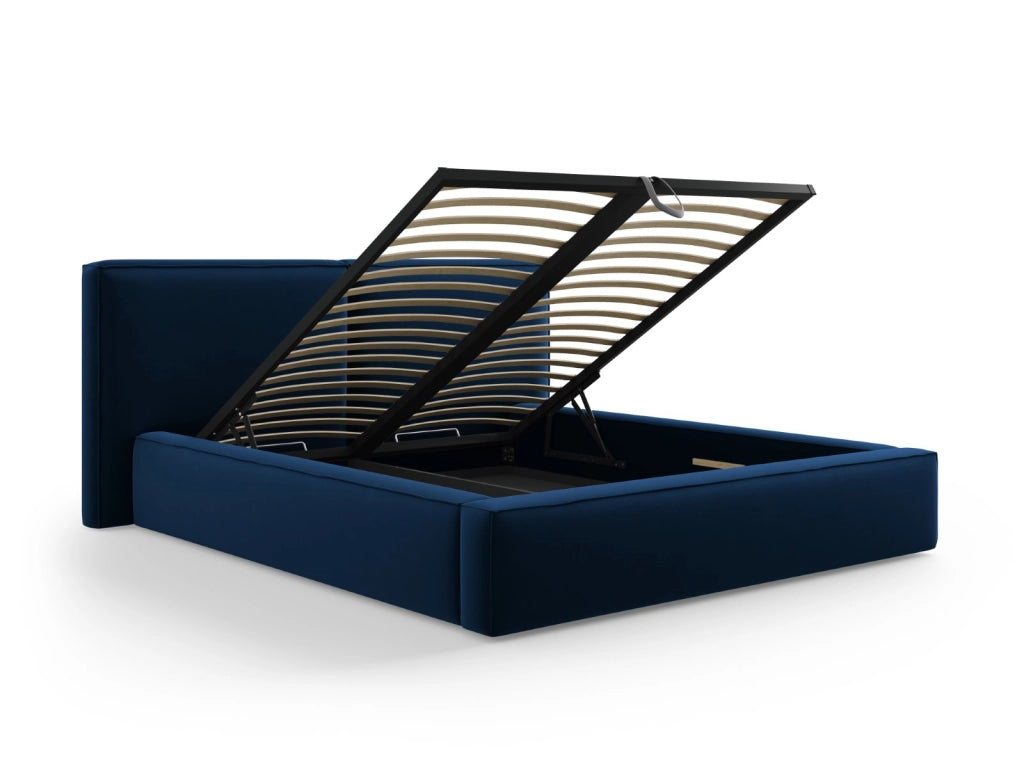 Cosmopolitan Design - Letto a cassettone con testiera doppia "Arendal" 200x200cm in velluto blu reale 