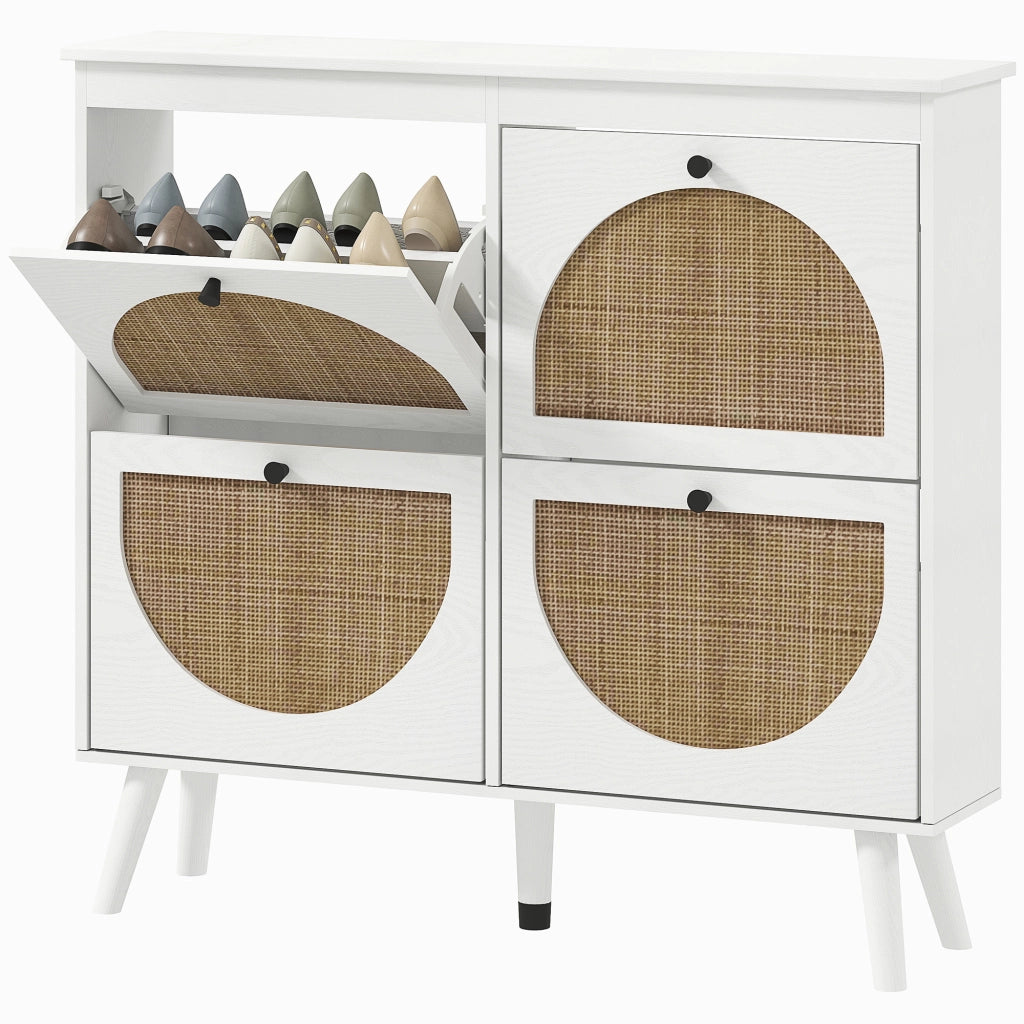 Scarpiera 4 ante 20 paia ripiani regolabile stile bohemien legno massello 105x24x97.5 cm bianco ¨C Minimal