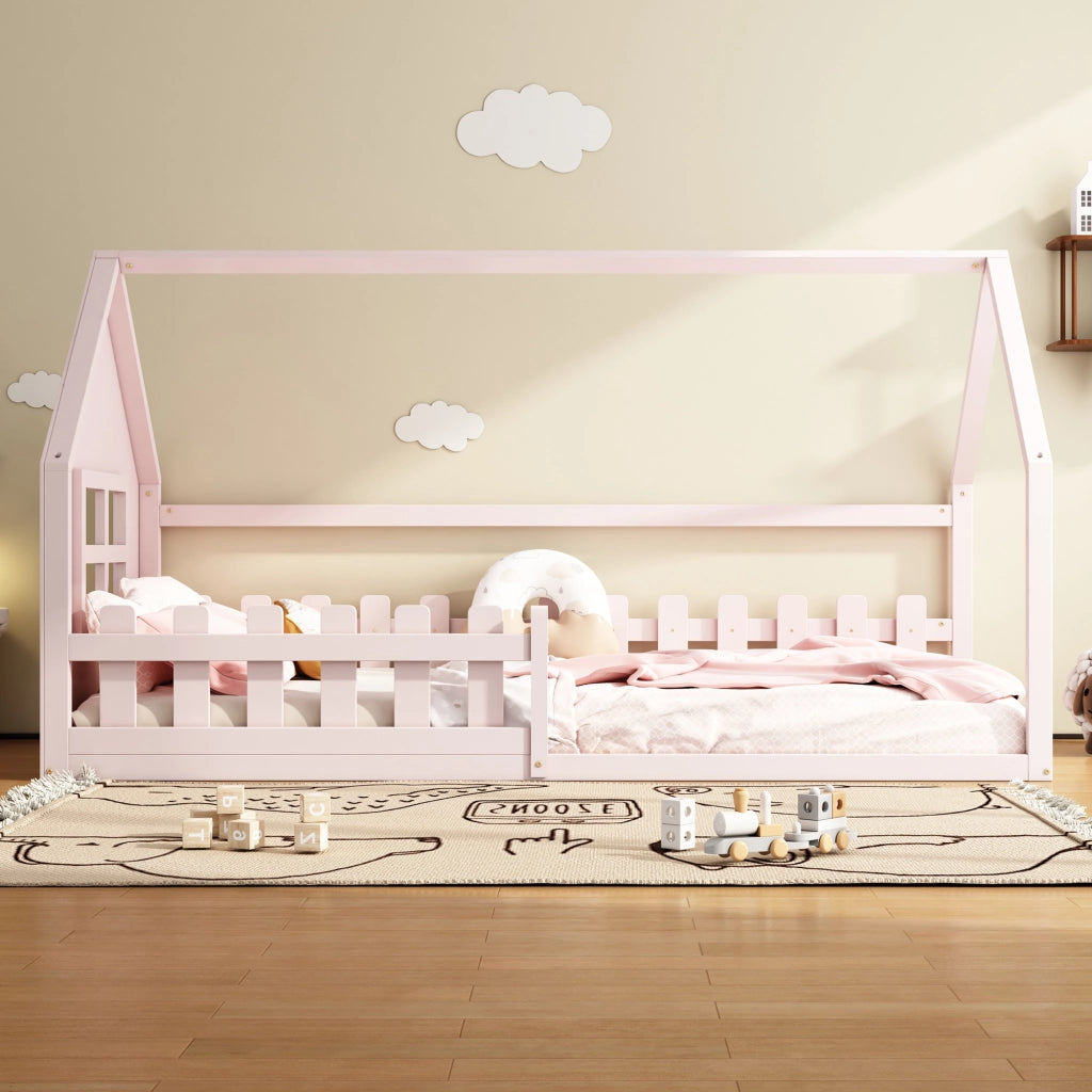 LETTO a casetta 90x200 cm in pino e MDF rosa