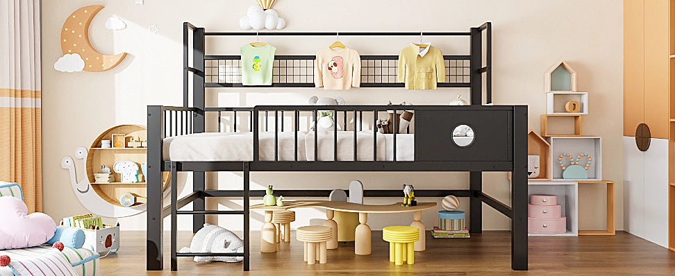 Letto basso per bambini 90*200cm struttura metallica scomparti di stoccaggio per bambini e adolescenti