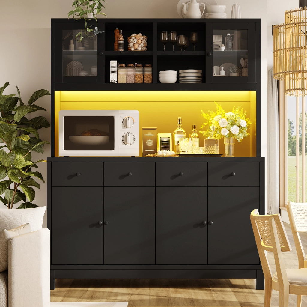 Credenza alta con 4 cassetti; ripiani regolabili e ante in vetro con LED RGB per cucina e soggiorno; 140×38.5×180 cm