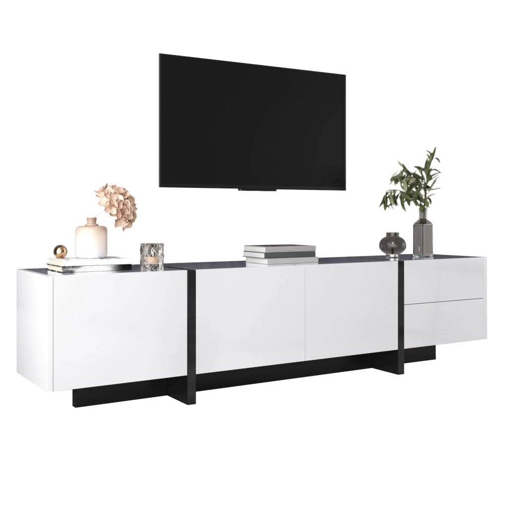 Cassettiera TV bianca lucida e nera; in truciolato; lunghezza 190 cm