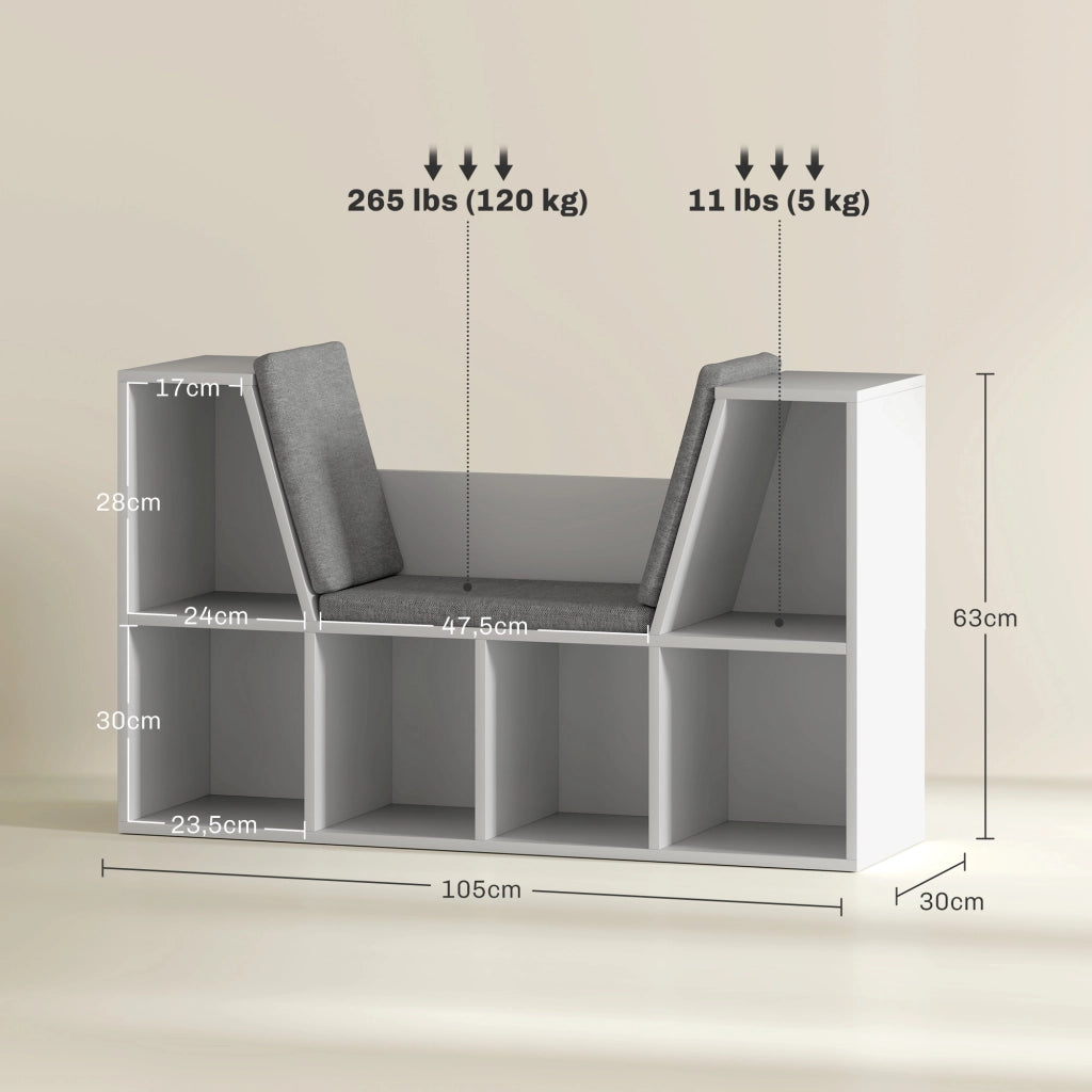 Libreria con cuscino di seduta, ripiano contenitore con 6 scomparti, effetto lino, piccola libreria per soggiorno, camera da letto, 105 x 30 x 63 cm,