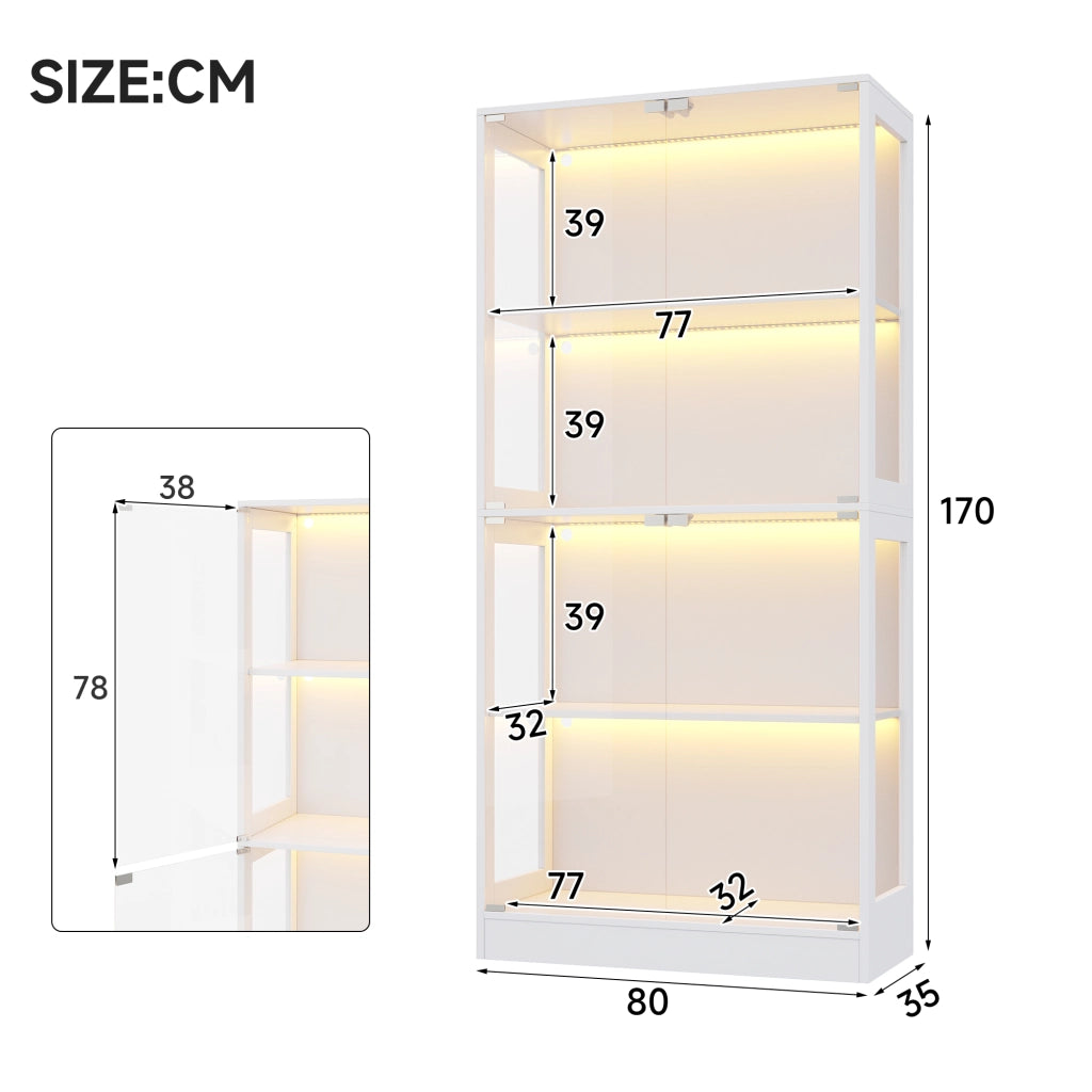 VETRINA LED 80x35x170 cm in MDF e Vetro Bianco con 4 Ripiani
