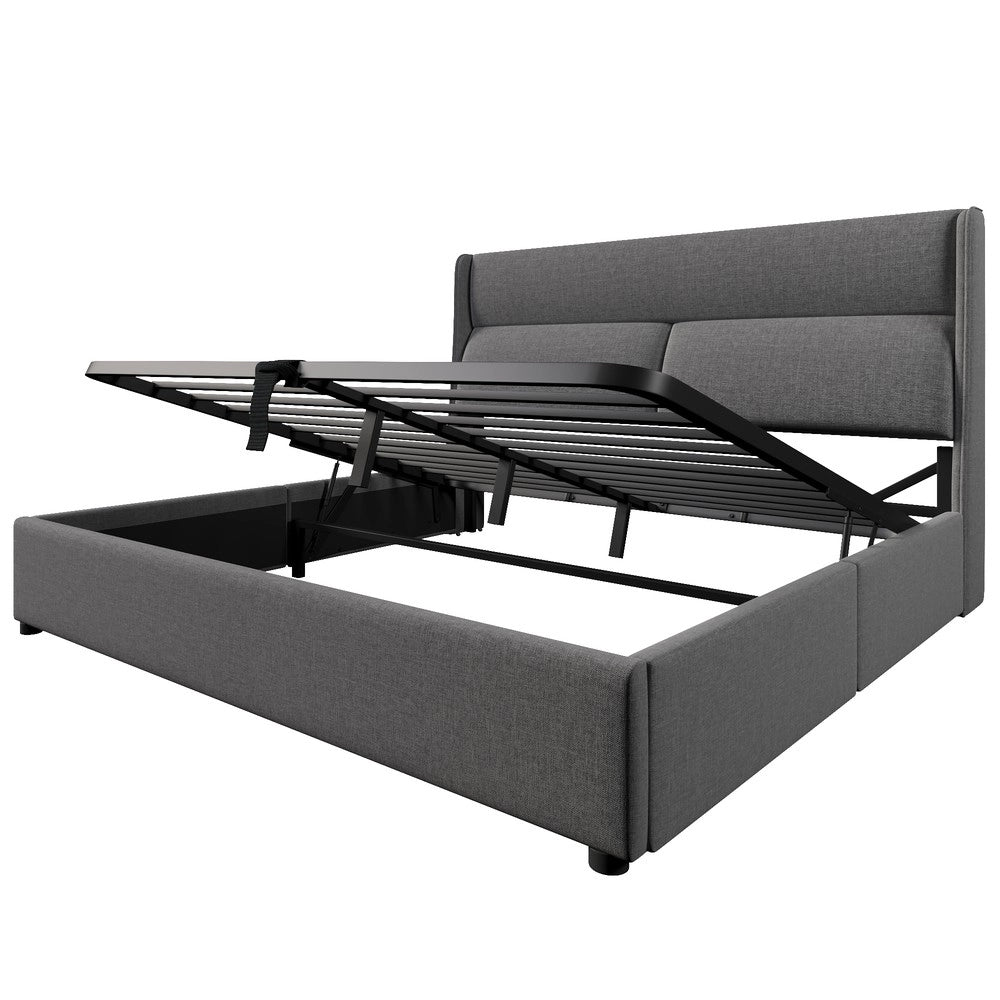 Letto Contenitore Imbottito 140x200 ¨C MINIMAL ¨C Grigio, Tessuto Lino, Metallo, Idraulico, Testiera Regolabile