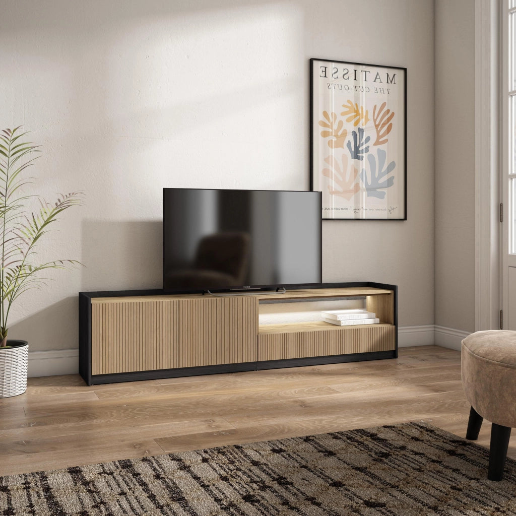 Mobile TV Soggiorno, 207x50x37 cm, Per TV fino a 80", Led, Rovere e nero