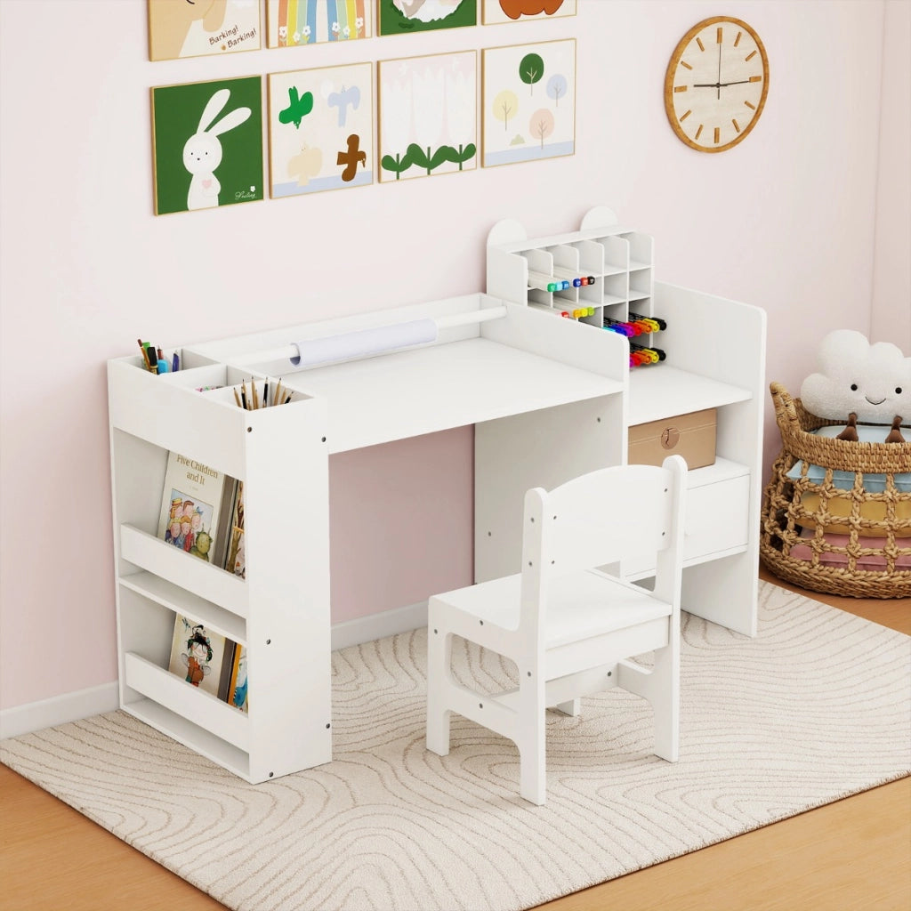 Set tavolo e sedia per bambini con porta rotolo carta rimovibile con mobile cubo, Tavolo lettura e disegno Bianco